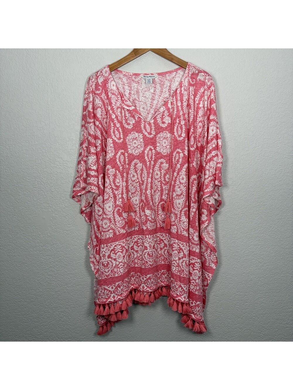 Tommy Bahama Womens L/XL Linen Swim Cover Up Poncho Coral Floral Tassel Beach